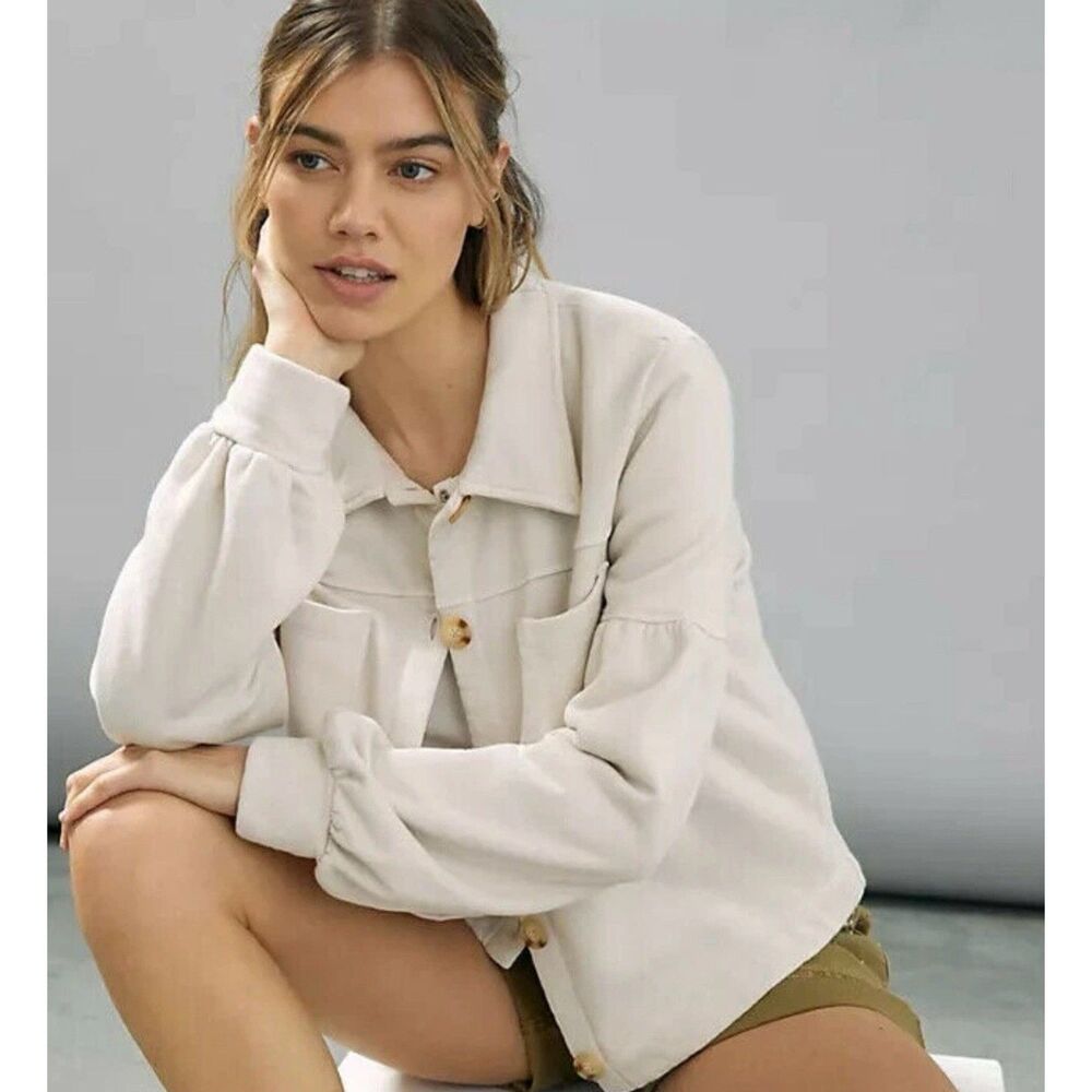 Anthropologie TLa Puff-Sleeve Jacket Sweater Coat Sweatshirt Cream Size XS - Picture 9 of 11